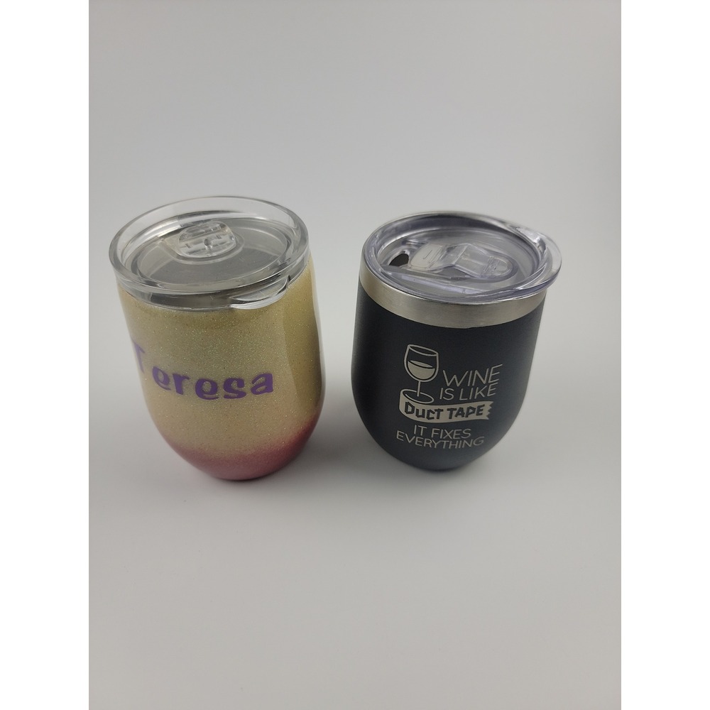 Personalized Stemless Wine Tumbler Set "Teresa" "Wine is Like Duct Tape"